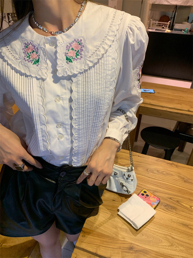 Women's Floral Embroidered Ruffle Collar Cotton Blouse