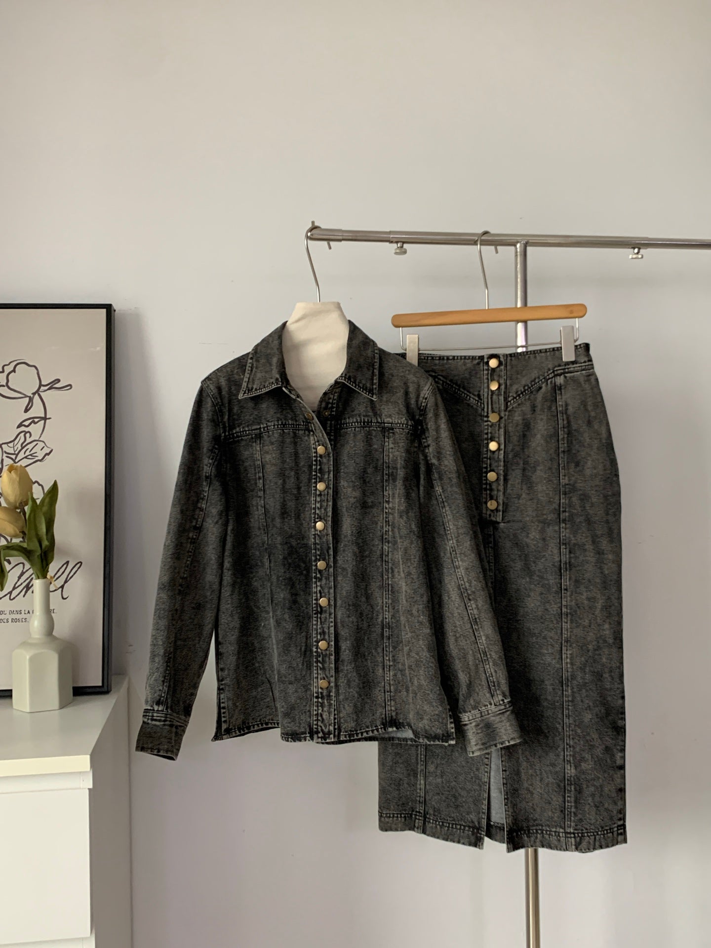 Women's Washed Black Denim Shirt & Midi Skirt Two-Piece Set