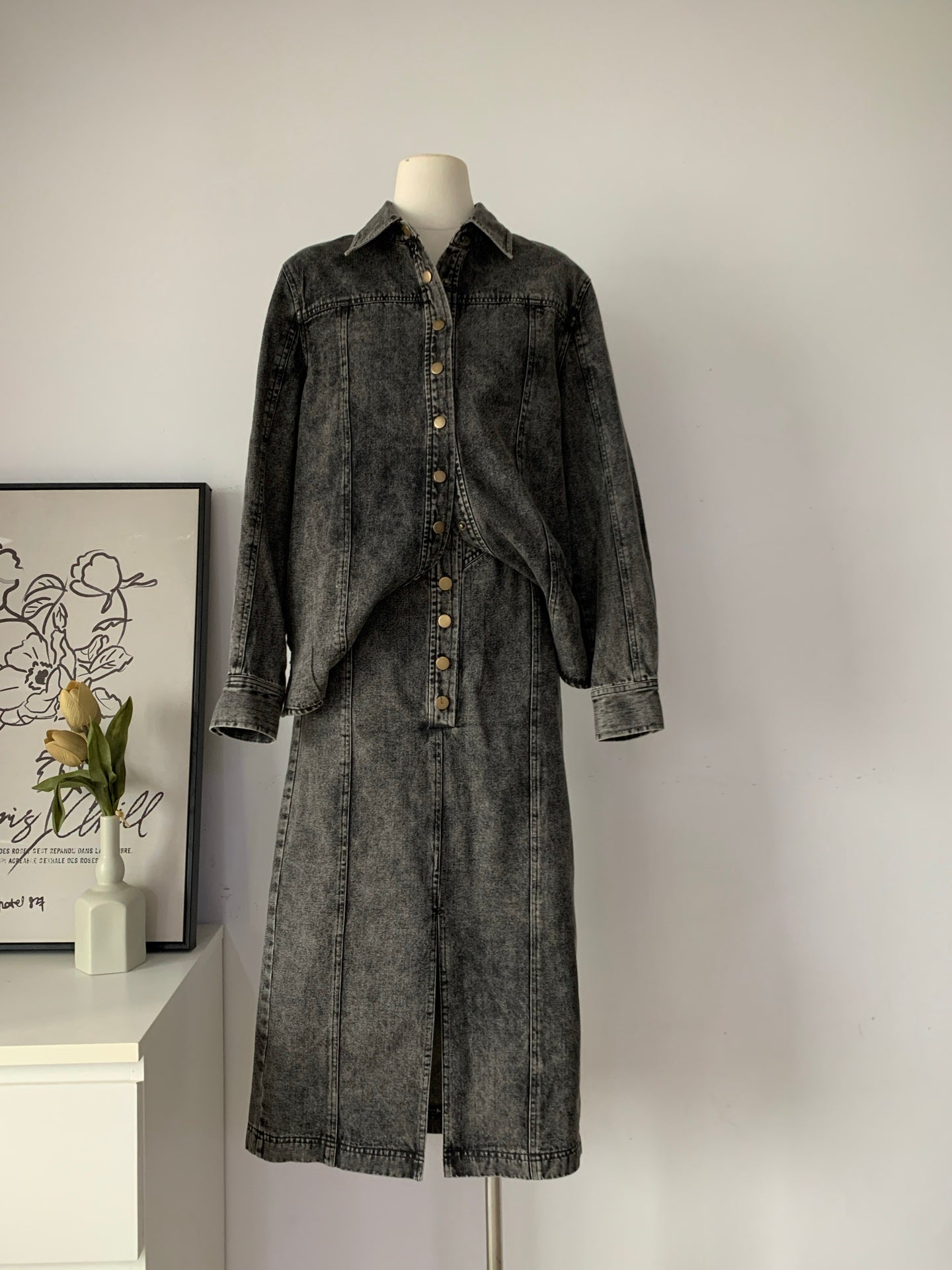 Women's Washed Black Denim Shirt & Midi Skirt Two-Piece Set