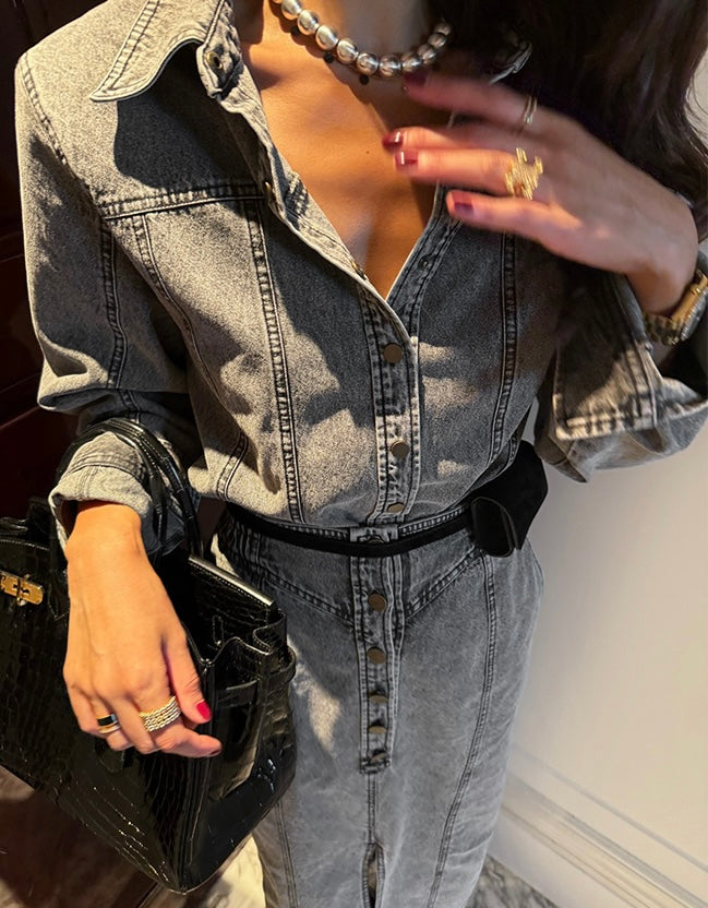 Women's Washed Black Denim Shirt & Midi Skirt Two-Piece Set