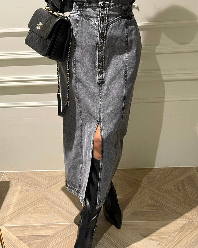 Women's Washed Black Denim Shirt & Midi Skirt Two-Piece Set