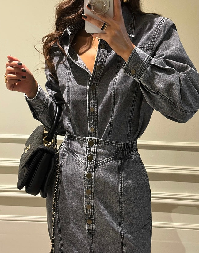 Women's Washed Black Denim Shirt & Midi Skirt Two-Piece Set