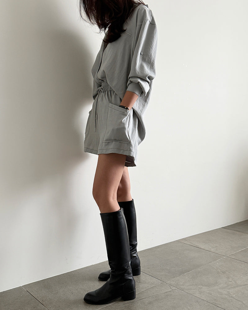Women's Cotton Blend Textured Shirt & Shorts Two-Piece Set