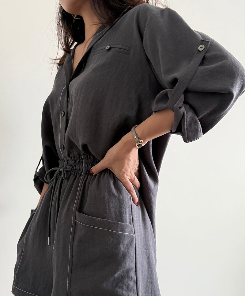 Women's Cotton Blend Textured Shirt & Shorts Two-Piece Set