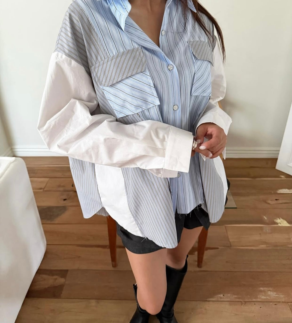 Women's Patchwork Stripe & Solid Cotton Shirt