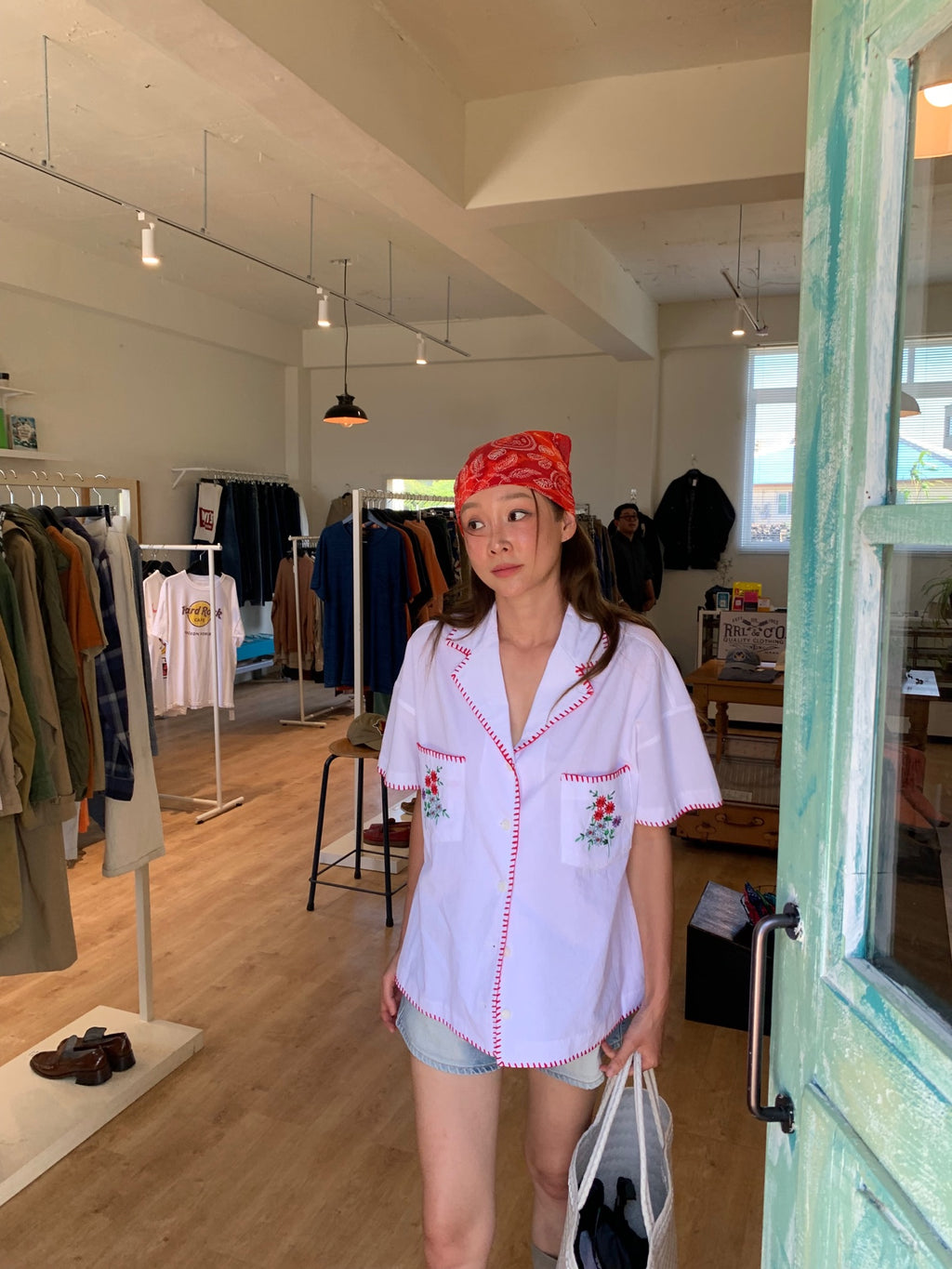 Women's Floral Embroidered Contrast Stitch Cotton Shirt