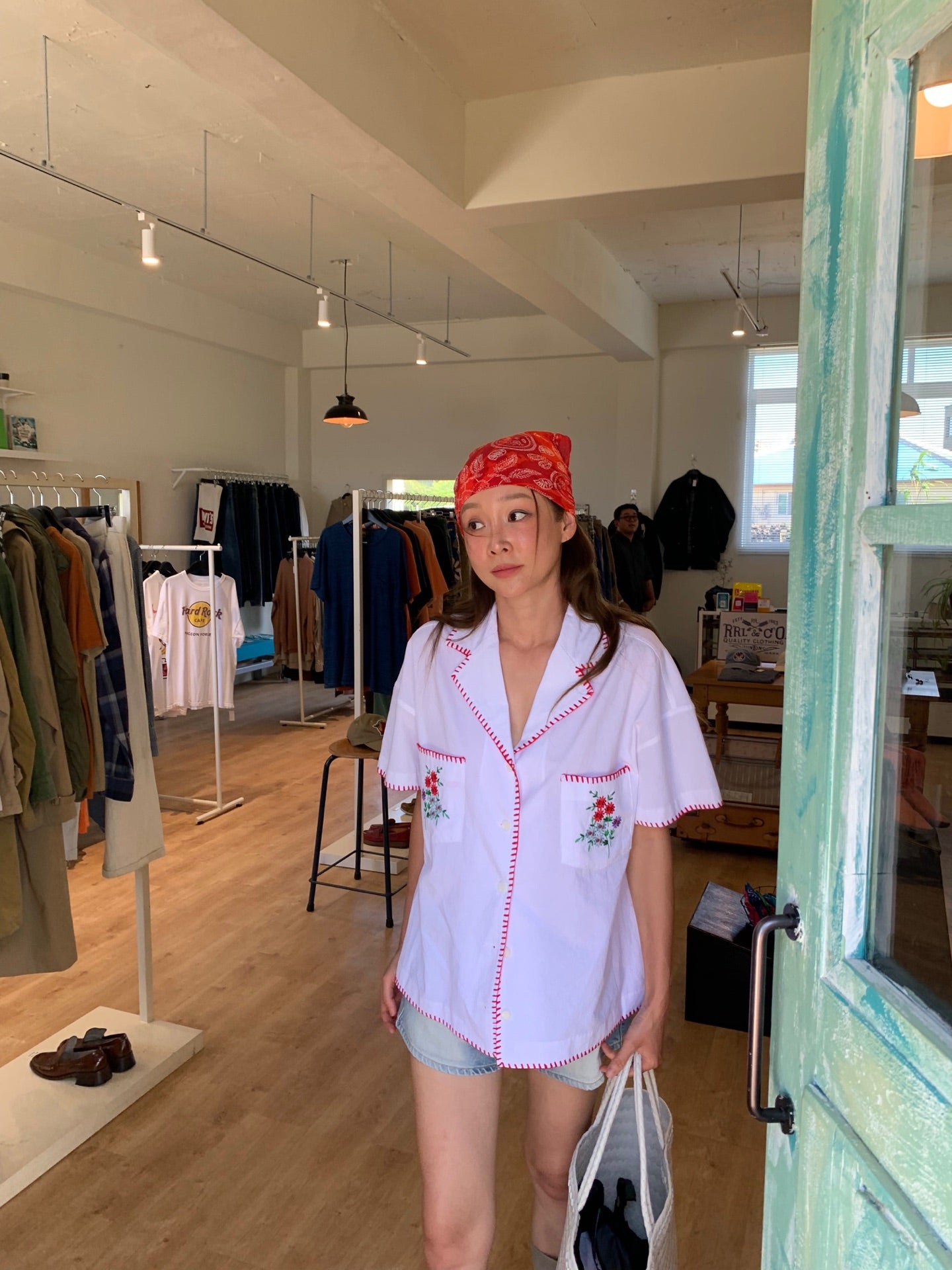 Women's Floral Embroidered Contrast Stitch Cotton Shirt