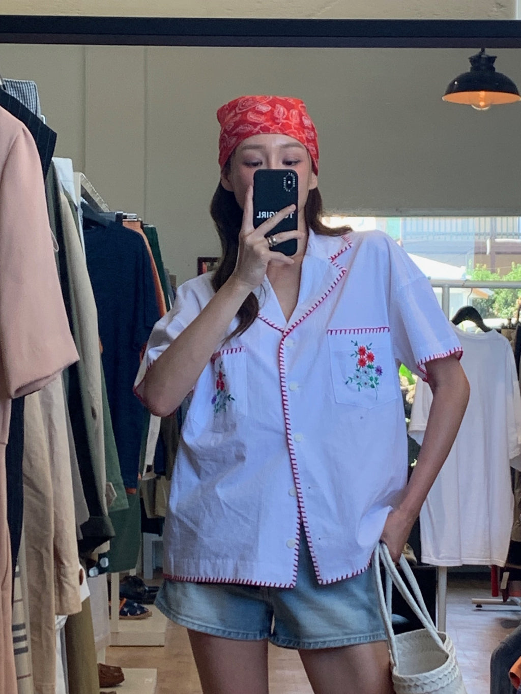 Women's Floral Embroidered Contrast Stitch Cotton Shirt