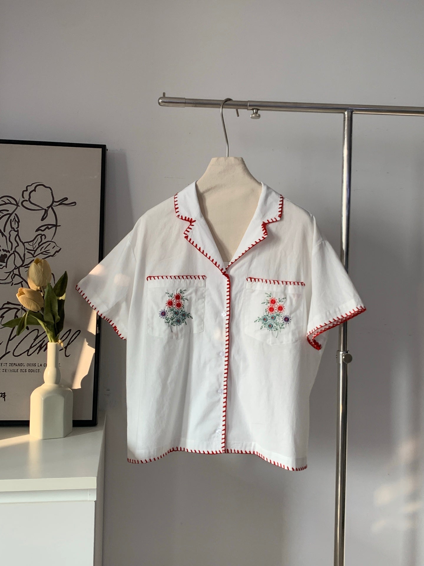 Women's Floral Embroidered Contrast Stitch Cotton Shirt