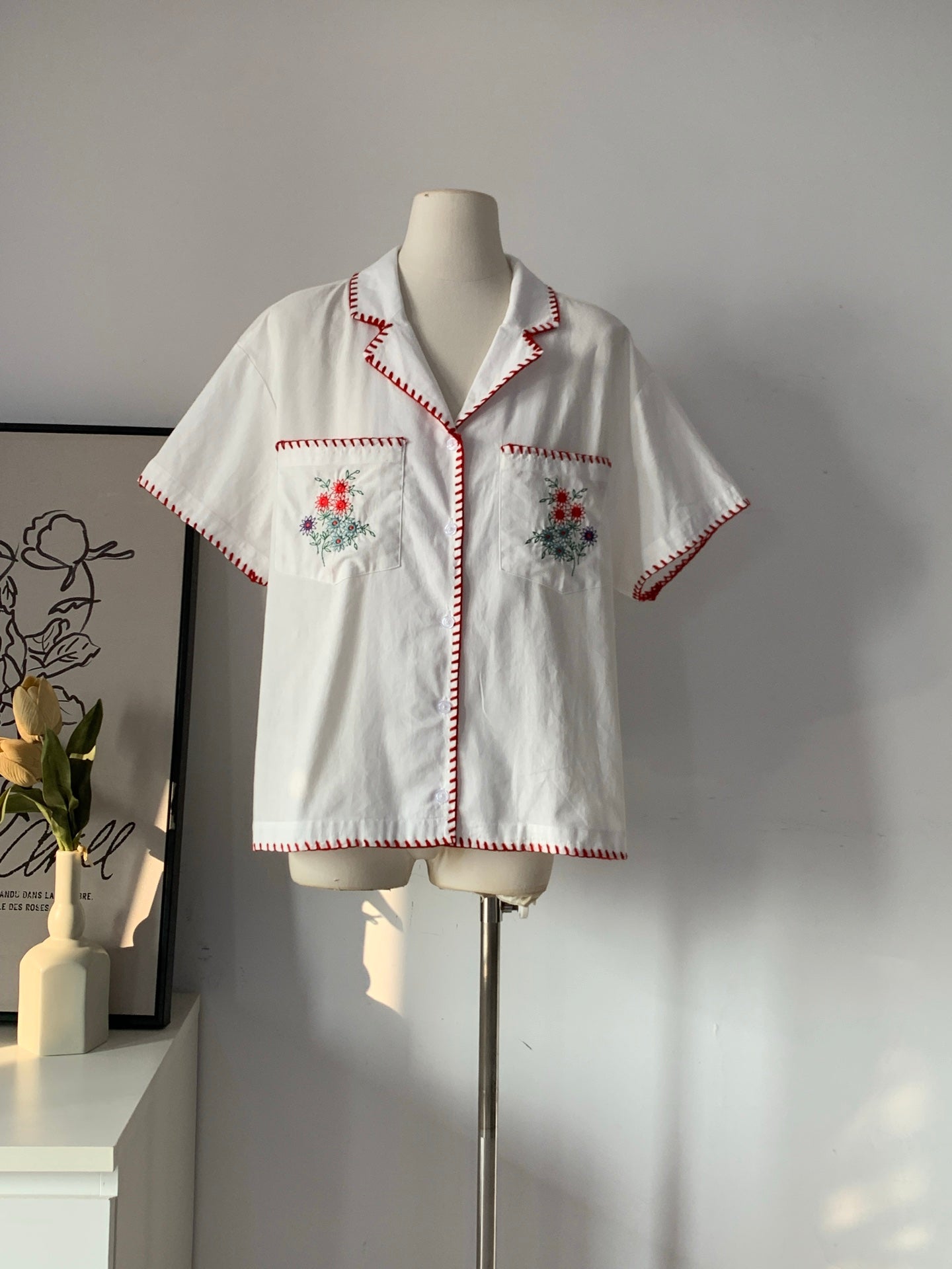 Women's Floral Embroidered Contrast Stitch Cotton Shirt