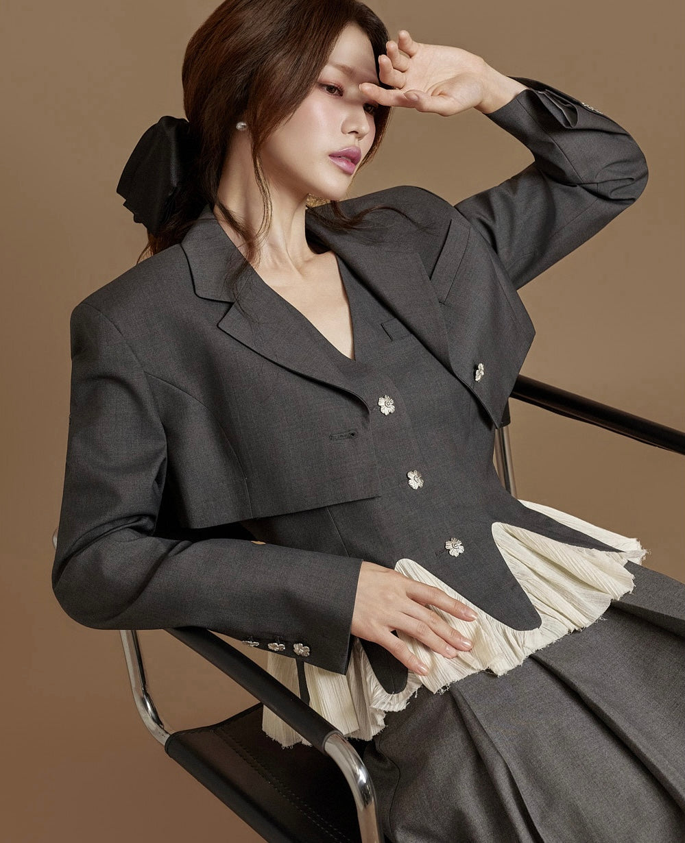 Women's Deconstructed Ruffle Trim Blazer Three-Piece Set