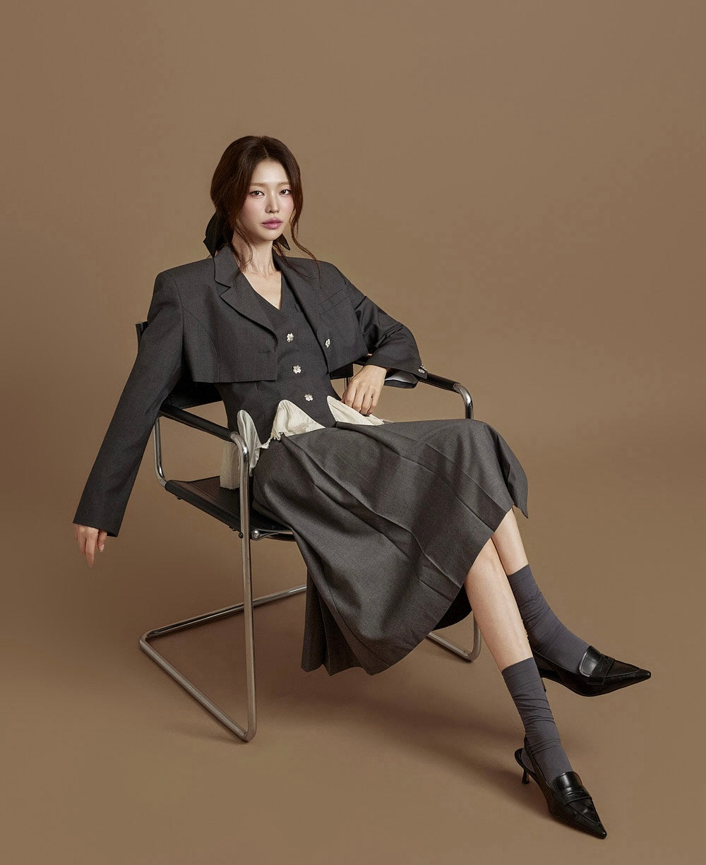 Women's Deconstructed Ruffle Trim Blazer Three-Piece Set