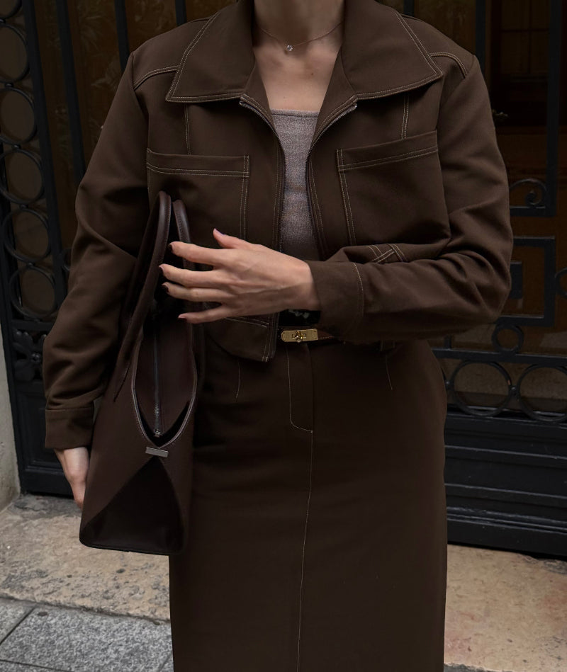Women's Contrast Stitch Zip-Up Jacket & Midi Skirt Two-Piece Set