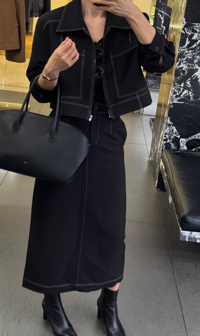 Women's Contrast Stitch Zip-Up Jacket & Midi Skirt Two-Piece Set