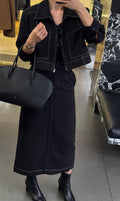 Women's Contrast Stitch Zip-Up Jacket & Midi Skirt Two-Piece Set