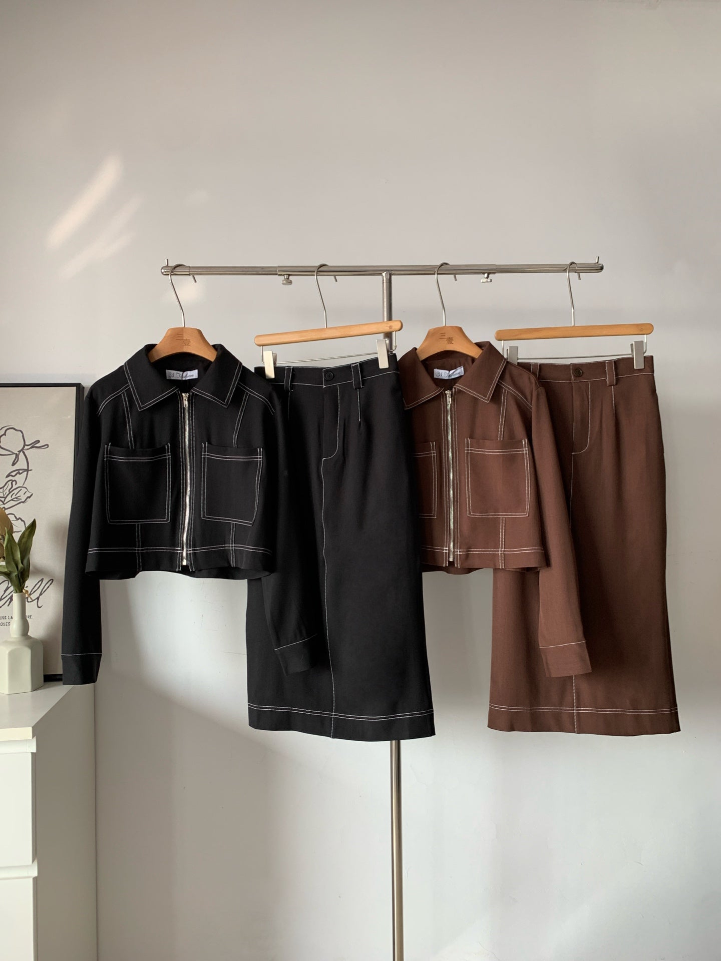 Women's Contrast Stitch Zip-Up Jacket & Midi Skirt Two-Piece Set