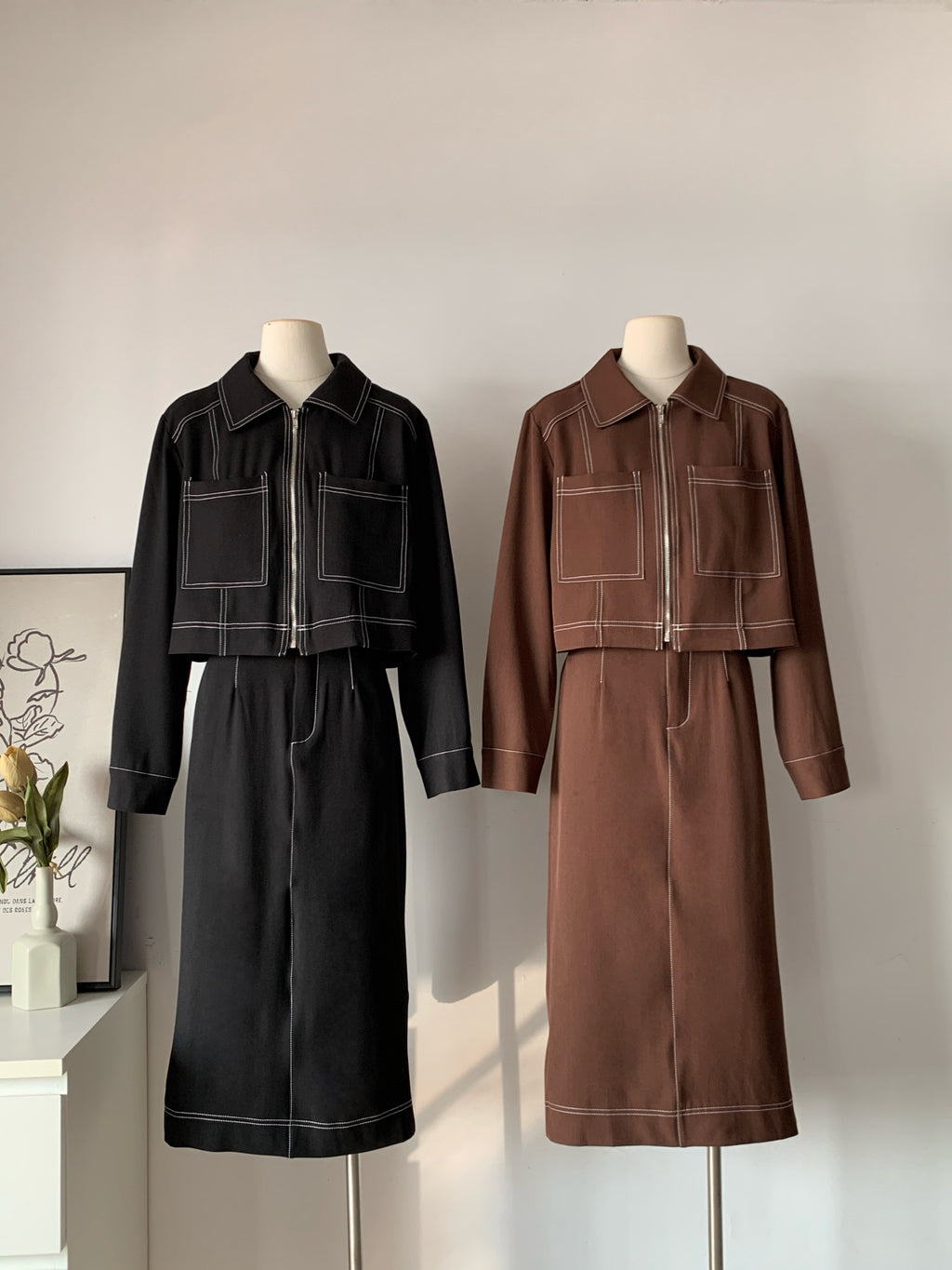 Women's Contrast Stitch Zip-Up Jacket & Midi Skirt Two-Piece Set