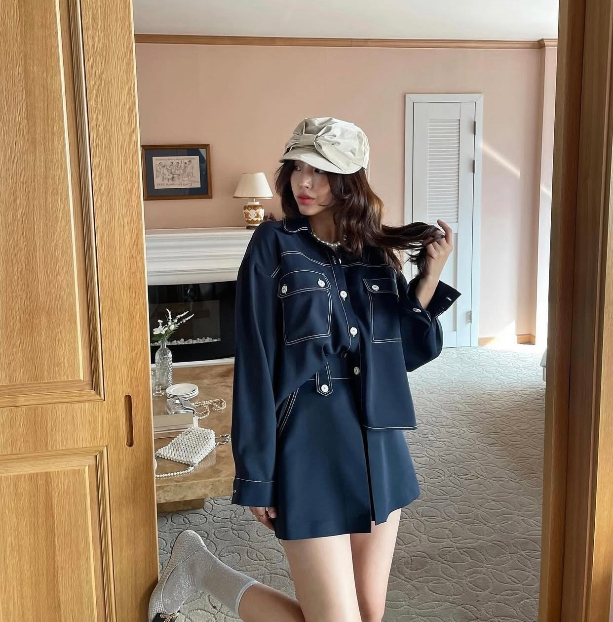 Women's Contrast Stitch Shirt & Skort Two-Piece Set