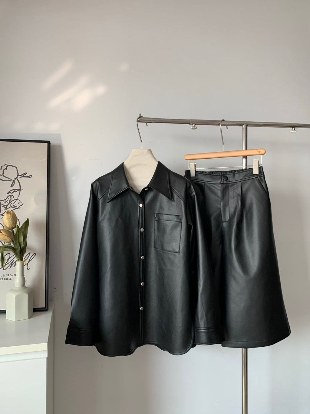Women's Faux Leather Shirt & Five-Pocket Cargo Shorts Two-Piece Set