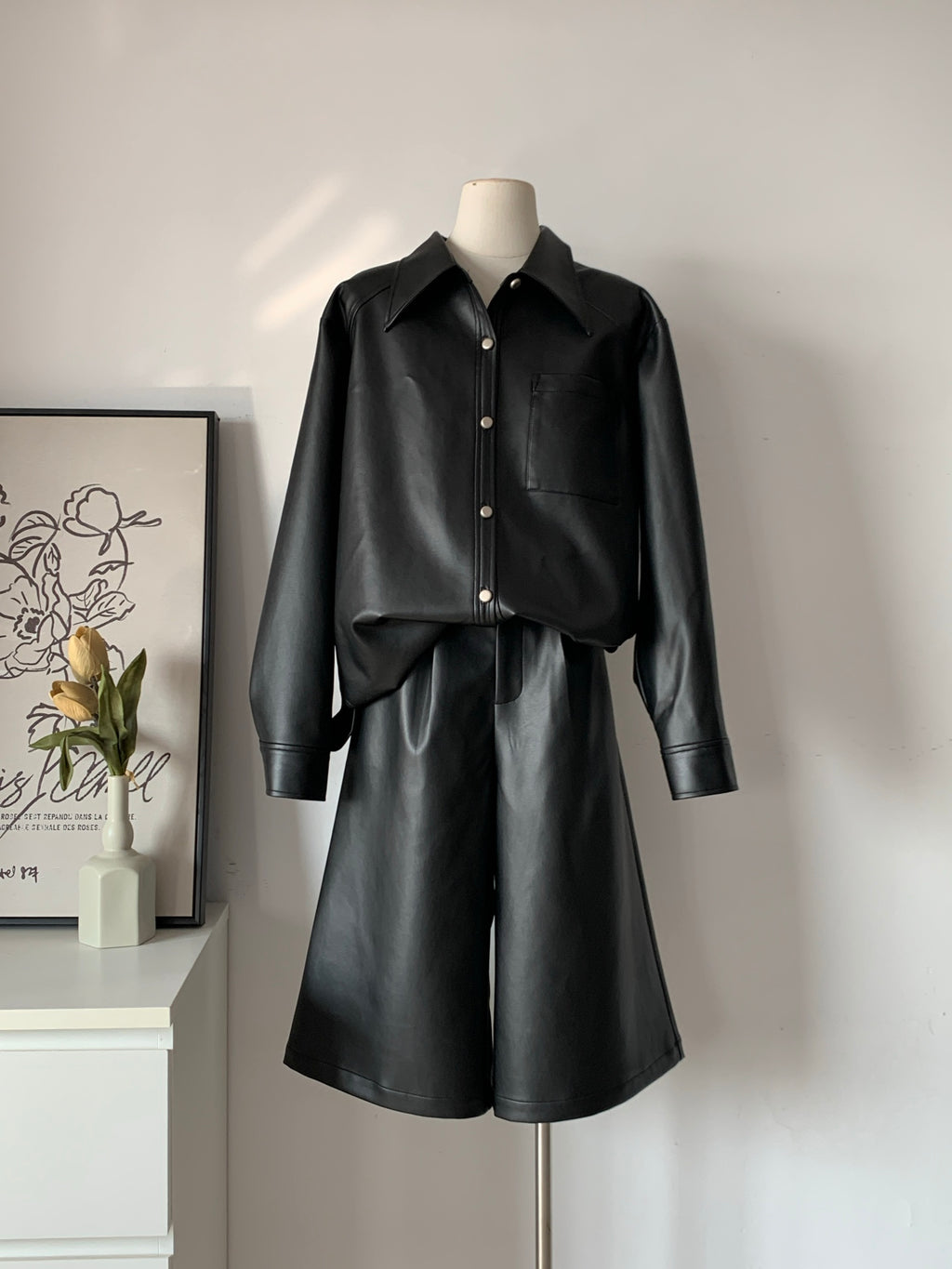 Women's Faux Leather Shirt & Five-Pocket Cargo Shorts Two-Piece Set