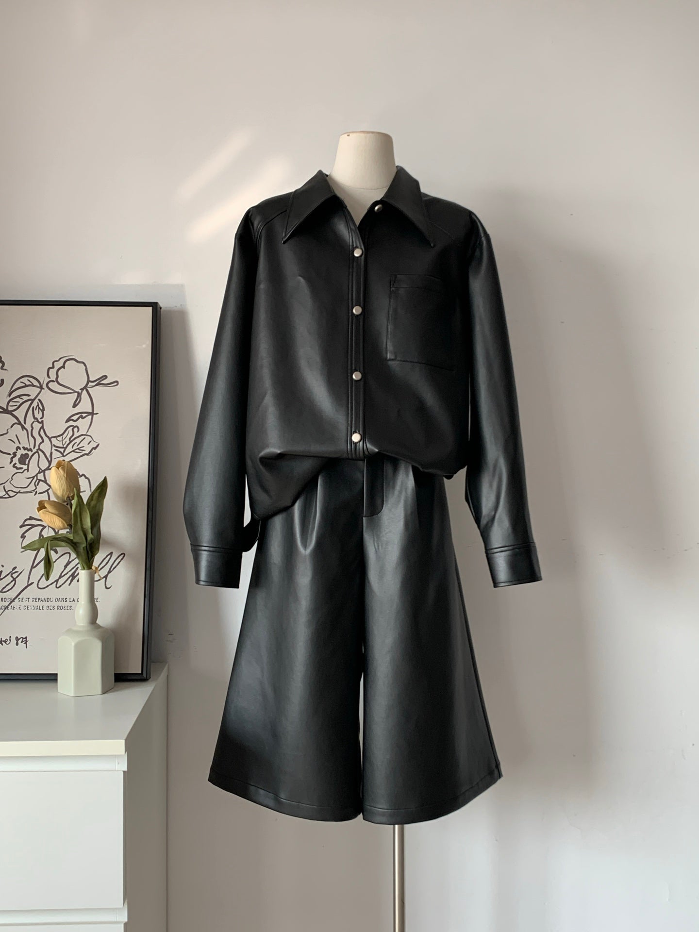 Women's Faux Leather Shirt & Five-Pocket Cargo Shorts Two-Piece Set
