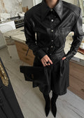 Women's Faux Leather Shirt & Five-Pocket Cargo Shorts Two-Piece Set