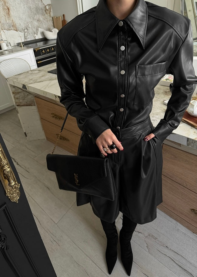 Women's Faux Leather Shirt & Five-Pocket Cargo Shorts Two-Piece Set