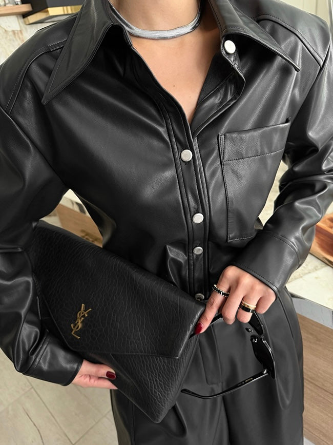 Women's Faux Leather Shirt & Five-Pocket Cargo Shorts Two-Piece Set