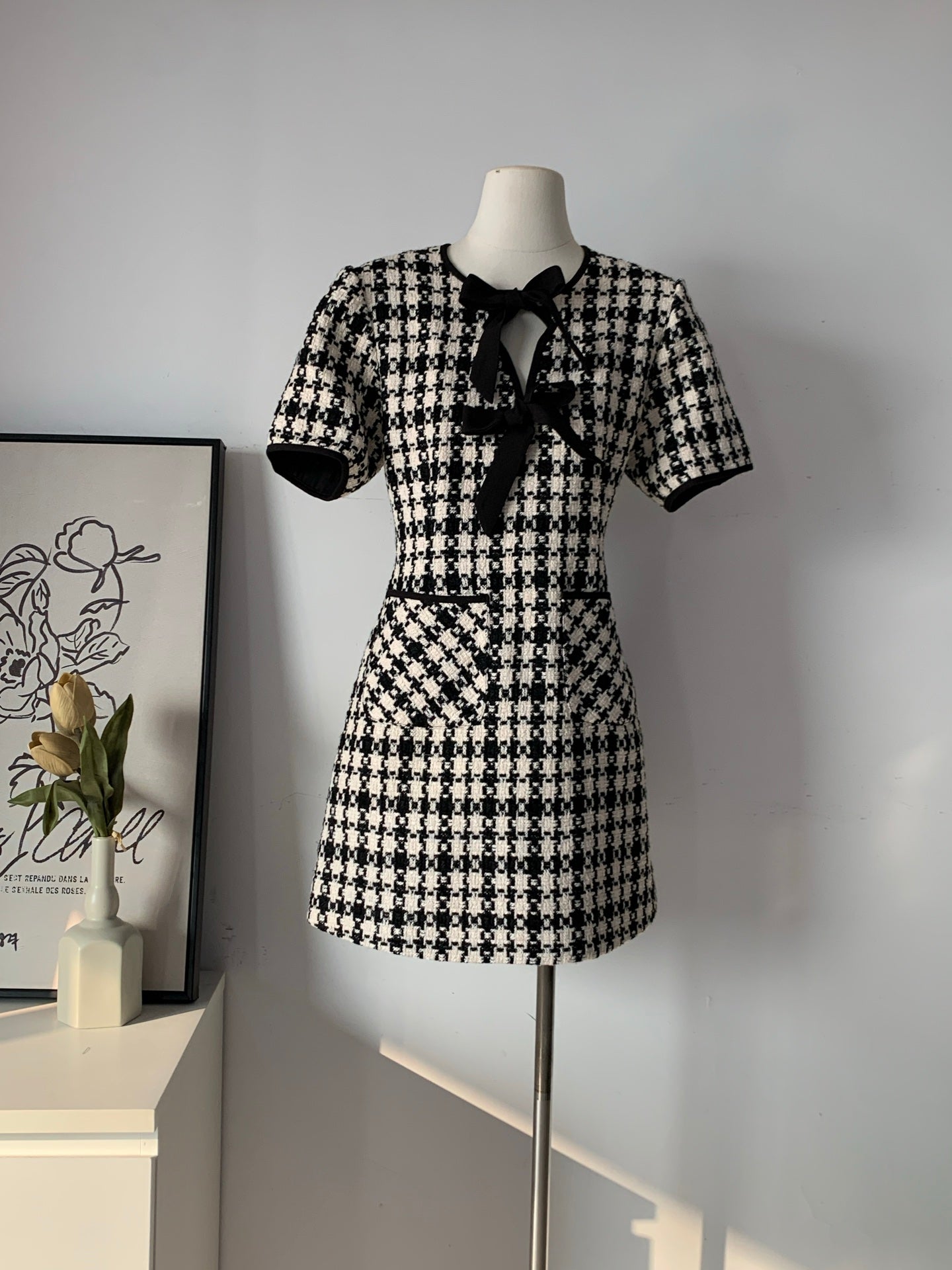 Women's Houndstooth Tweed Mini Dress with Tie-Up Bow Detail