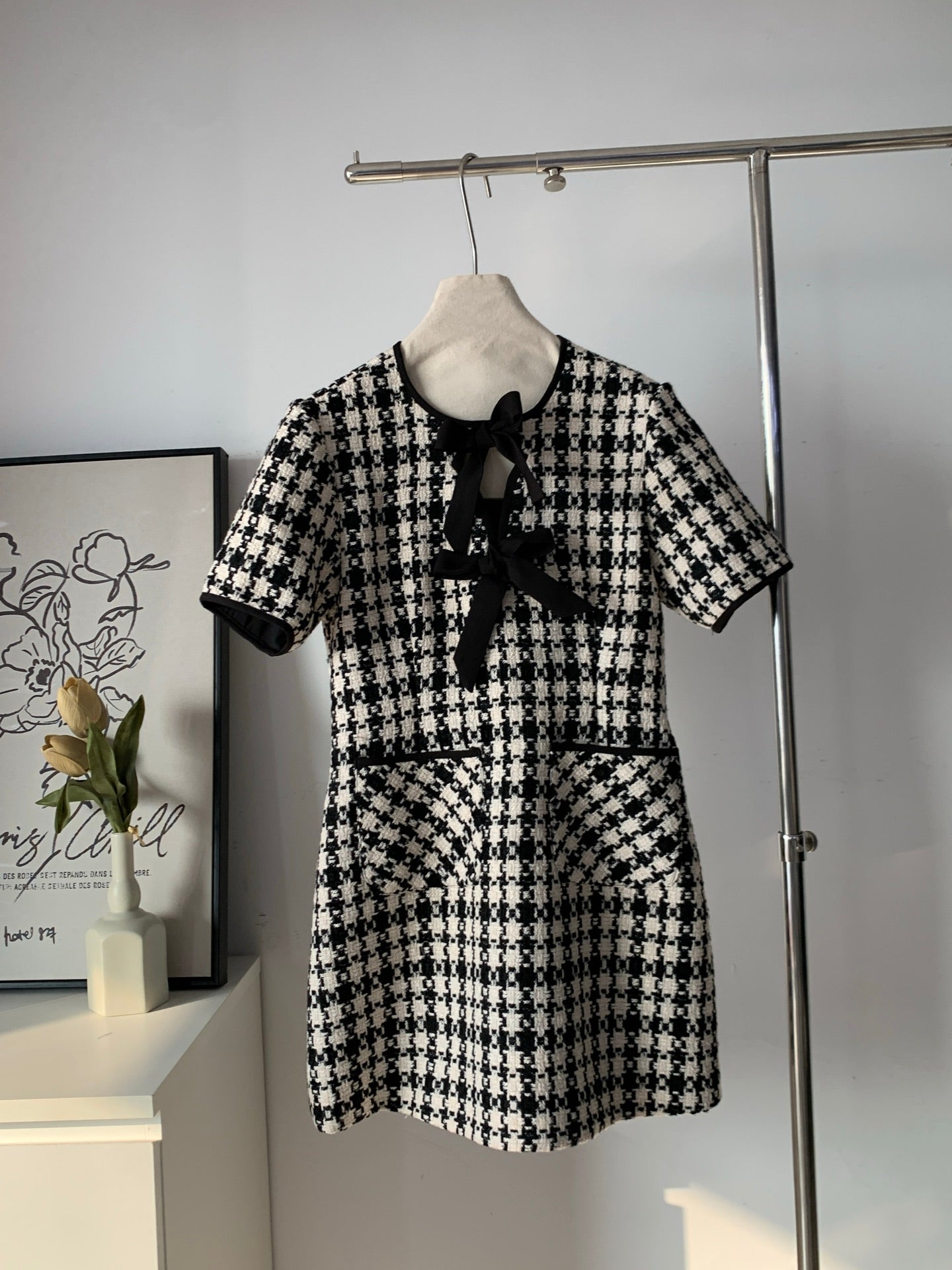 Women's Houndstooth Tweed Mini Dress with Tie-Up Bow Detail