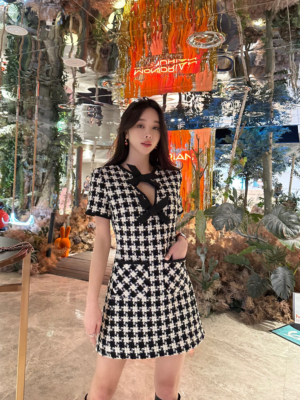 Women's Houndstooth Tweed Mini Dress with Tie-Up Bow Detail