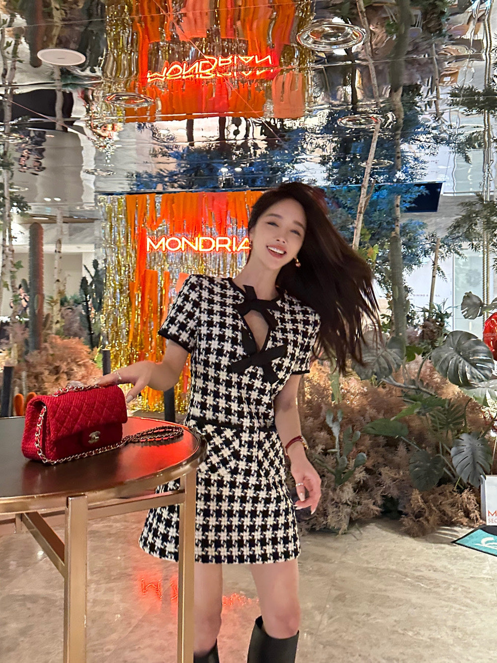 Women's Houndstooth Tweed Mini Dress with Tie-Up Bow Detail