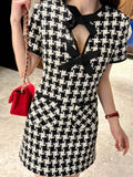 Women's Houndstooth Tweed Mini Dress with Tie-Up Bow Detail