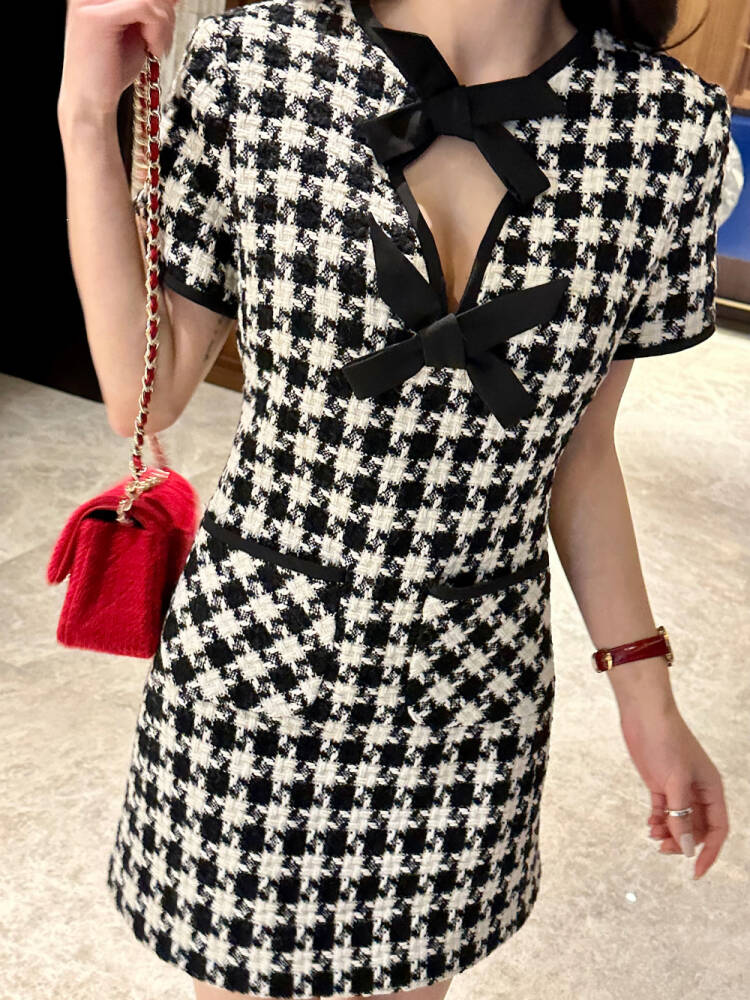 Women's Houndstooth Tweed Mini Dress with Tie-Up Bow Detail