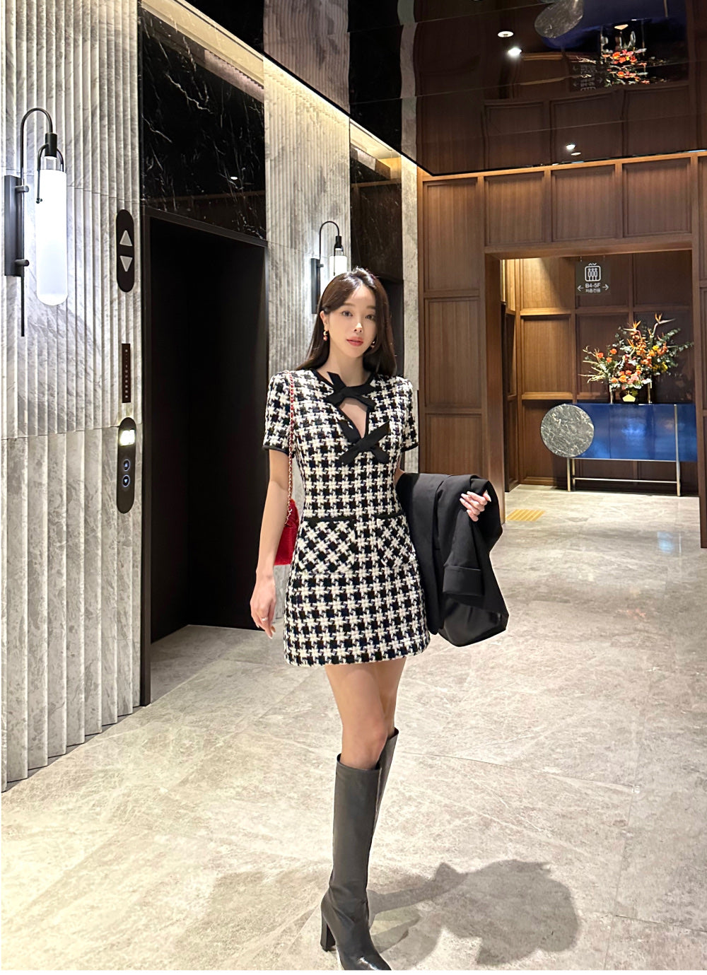 Women's Houndstooth Tweed Mini Dress with Tie-Up Bow Detail