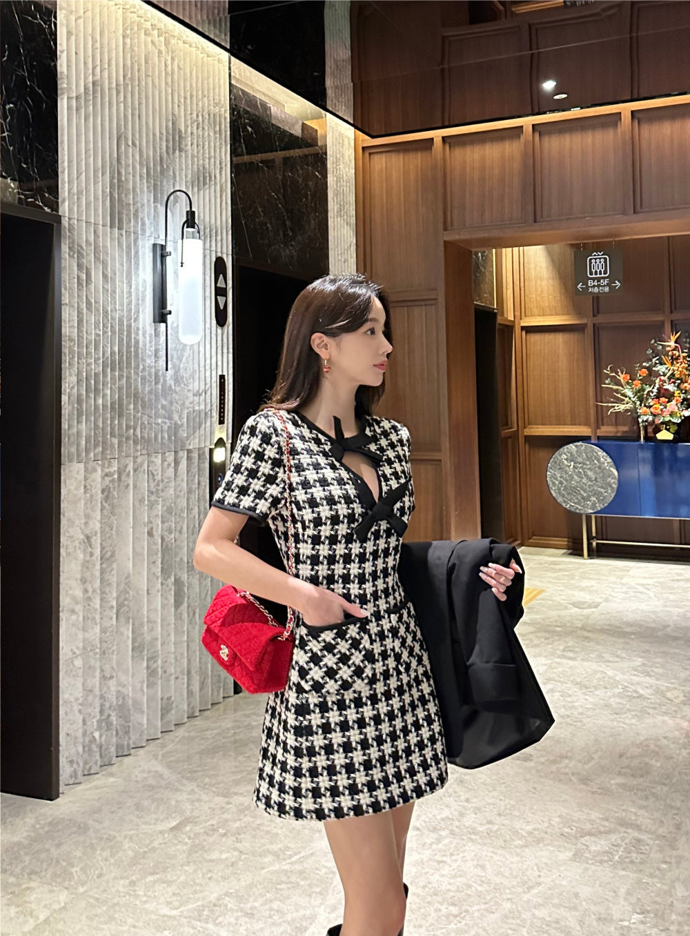 Women's Houndstooth Tweed Mini Dress with Tie-Up Bow Detail