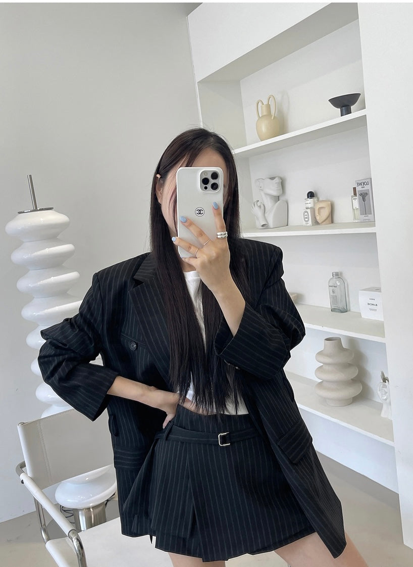 Women's Pinstripe Oversized Blazer & Belted Skort Two-Piece Set