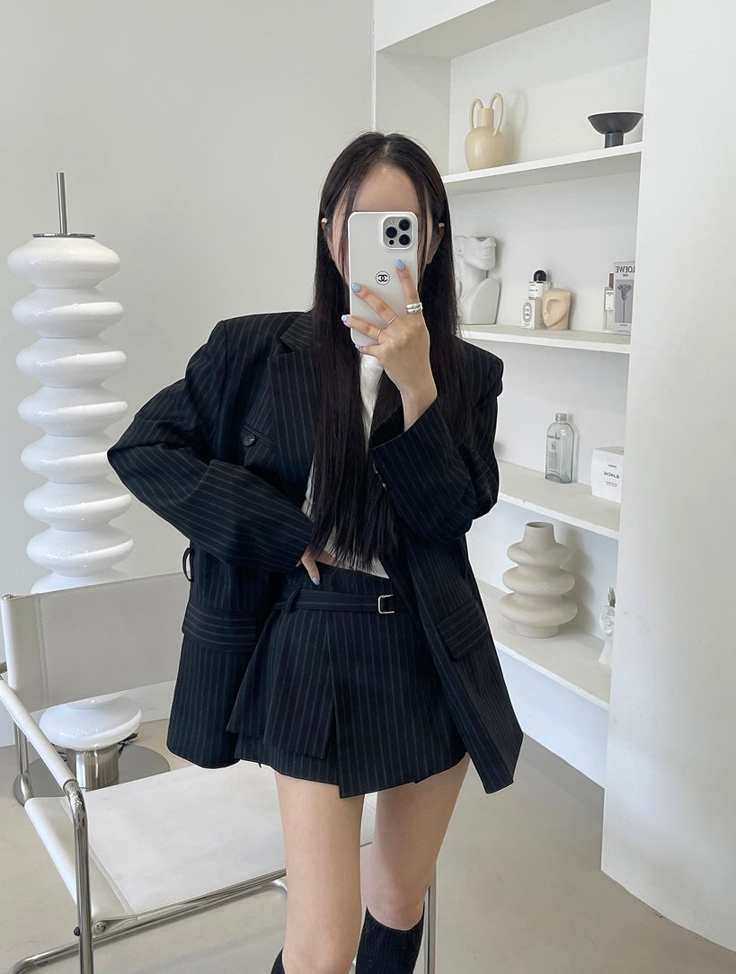Women's Pinstripe Oversized Blazer & Belted Skort Two-Piece Set
