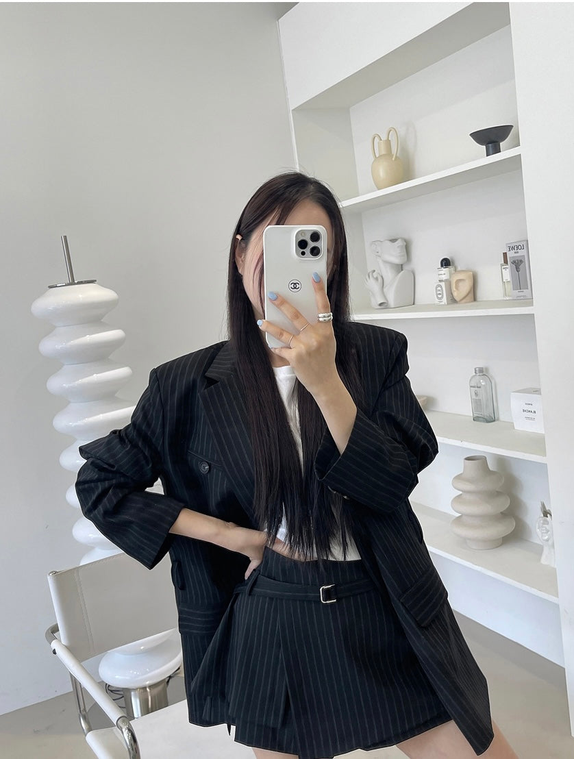 Women's Pinstripe Oversized Blazer & Belted Skort Two-Piece Set