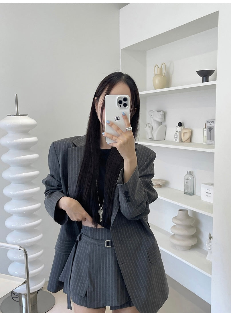 Women's Pinstripe Oversized Blazer & Belted Skort Two-Piece Set