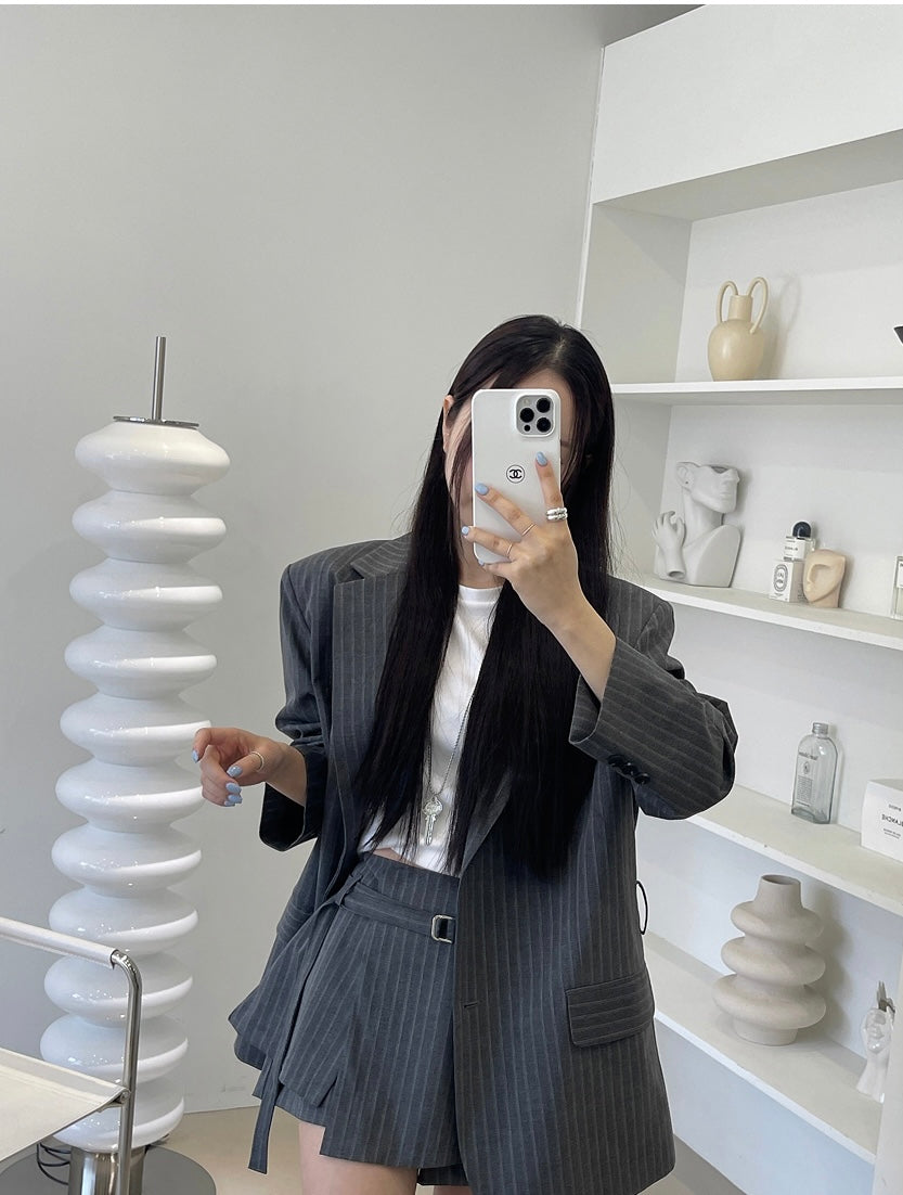 Women's Pinstripe Oversized Blazer & Belted Skort Two-Piece Set
