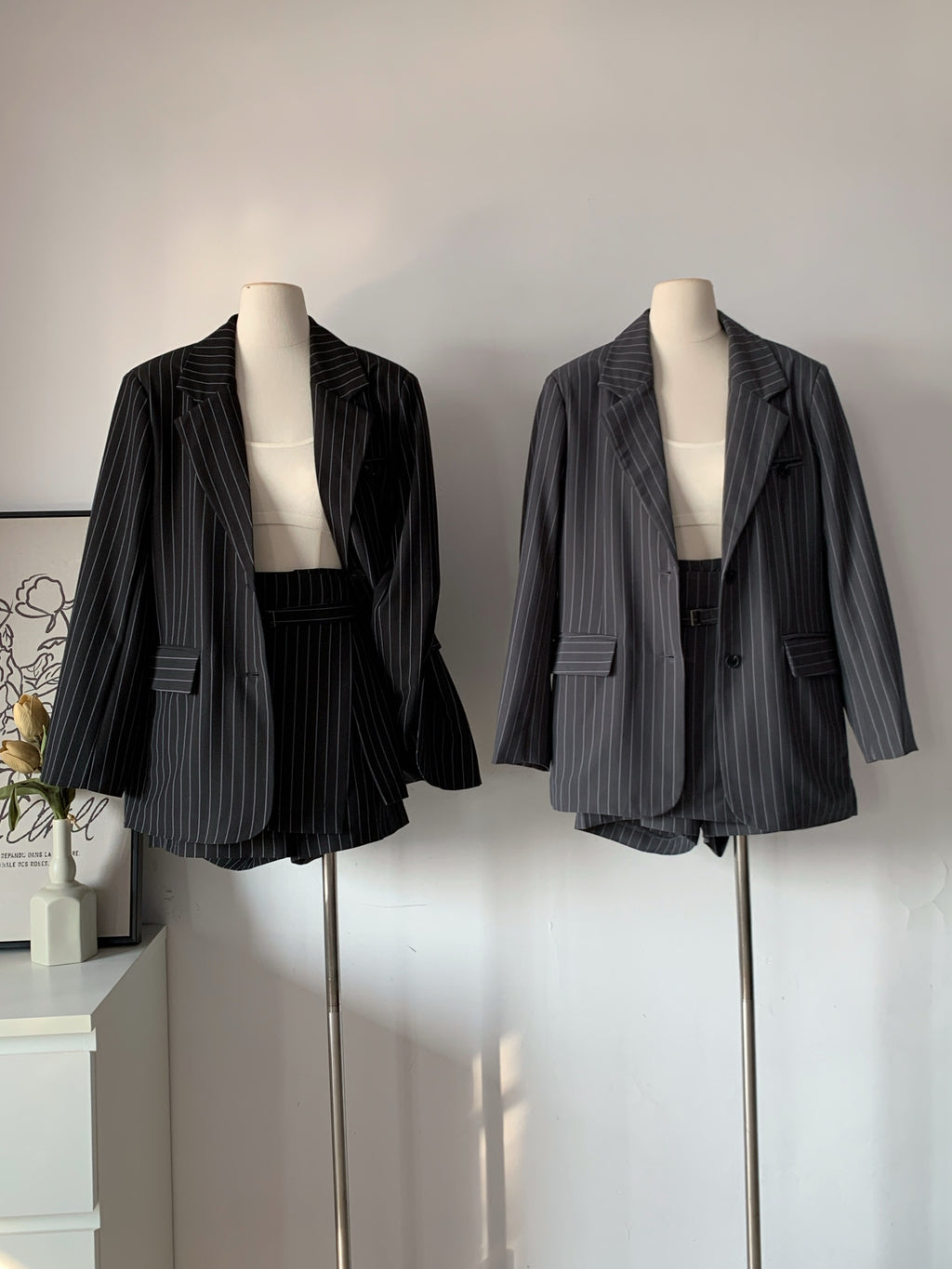 Women's Pinstripe Oversized Blazer & Belted Skort Two-Piece Set