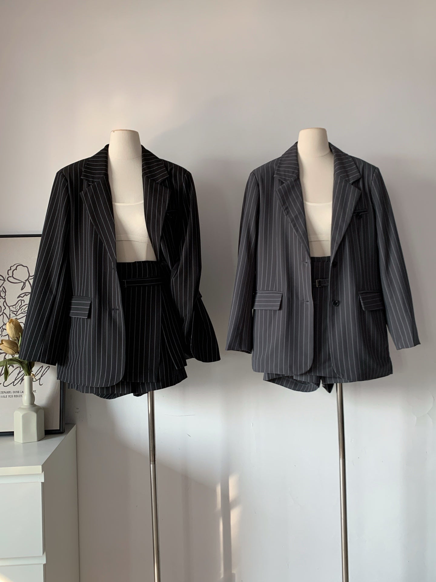 Women's Pinstripe Oversized Blazer & Belted Skort Two-Piece Set