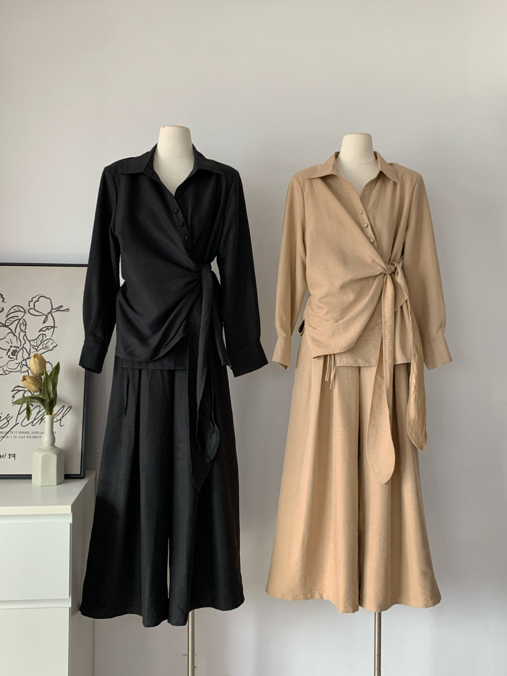 Women's Wrap Tie-Waist Shirt & Wide-Leg Pants Two-Piece Set