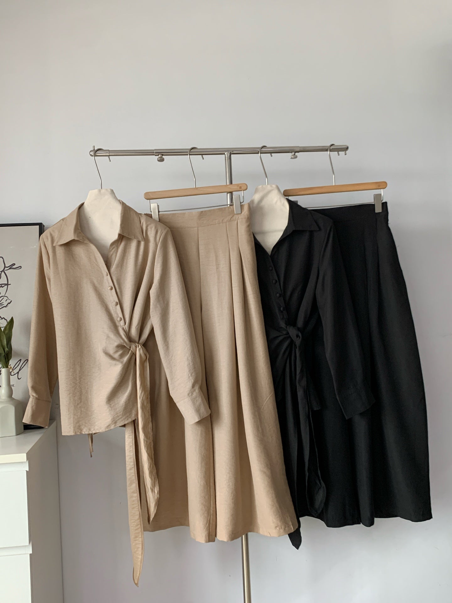 Women's Wrap Tie-Waist Shirt & Wide-Leg Pants Two-Piece Set