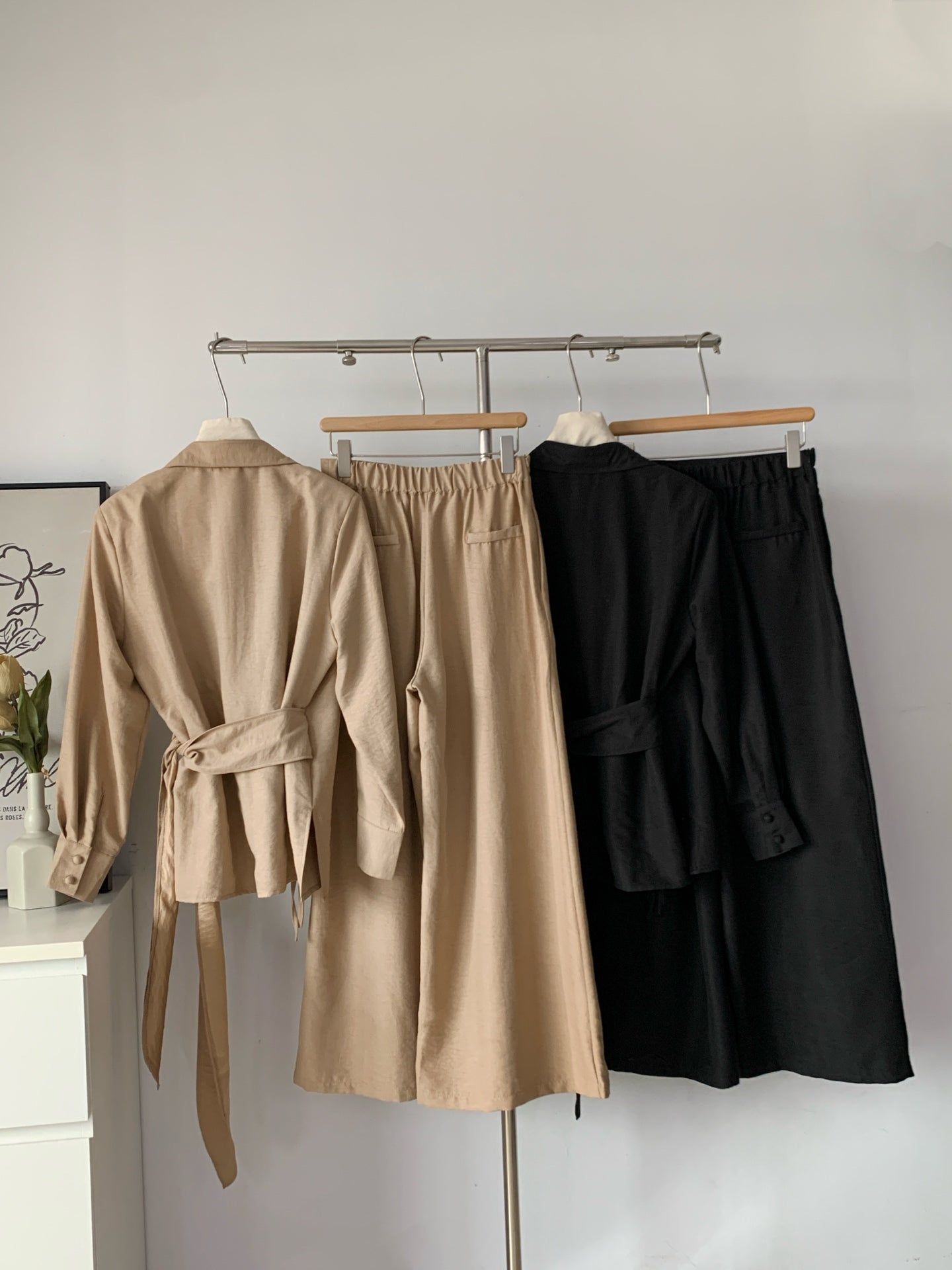 Women's Wrap Tie-Waist Shirt & Wide-Leg Pants Two-Piece Set
