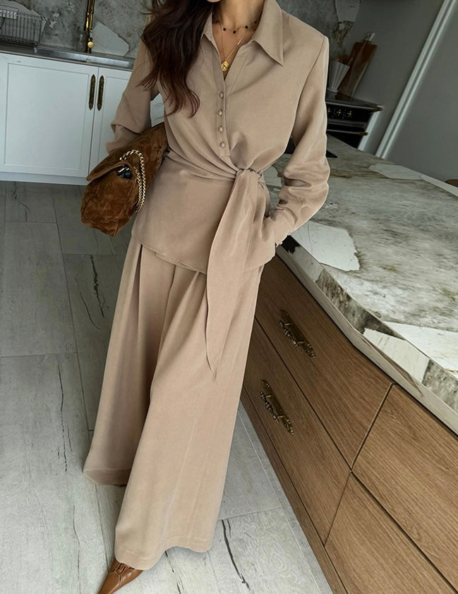 Women's Wrap Tie-Waist Shirt & Wide-Leg Pants Two-Piece Set