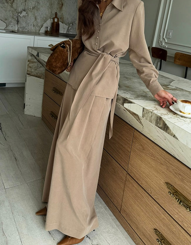 Women's Wrap Tie-Waist Shirt & Wide-Leg Pants Two-Piece Set